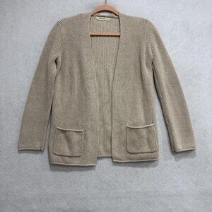 Woolovers Cardigan Sweater Womens XS Beige Open Front Cotton Knit Pockets Ribbed